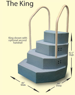 The King Step is a simple and sturdy step system for your above ground pool. The Aqua Staircase assembly takes just a few short minutes to attach the white PVC handrail and deck flange. No other assembly is required! Custom ballast bags are included.